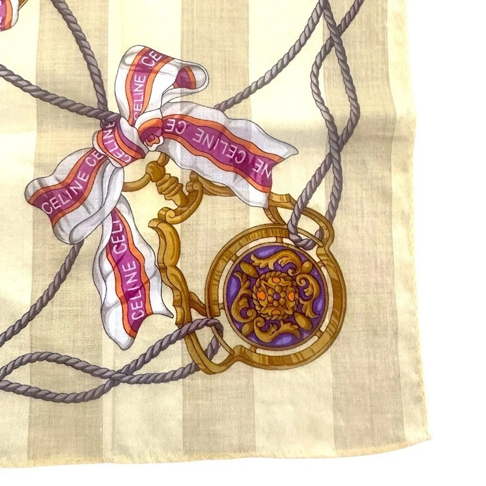 Celine Silk Scarf Duo Set Carriage Print & Ribbon Ropes 100% Silk 18” Squares